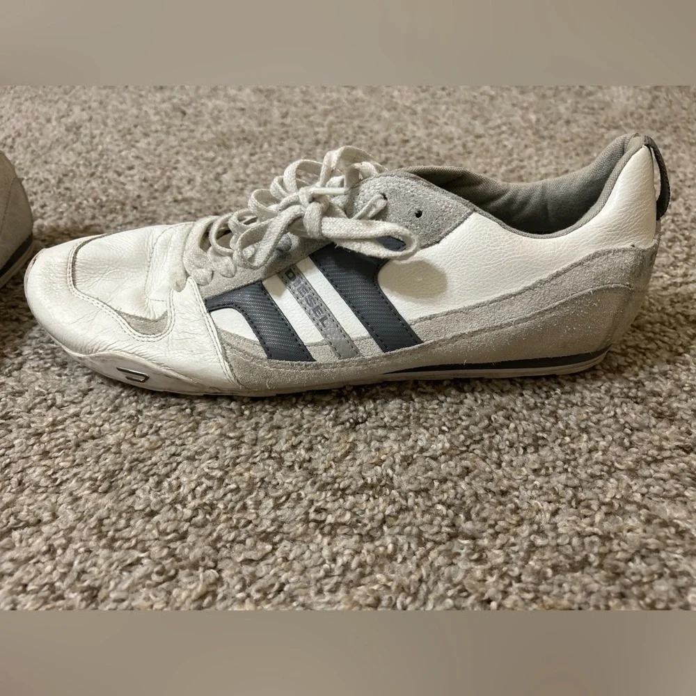 Diesel Men's Long Term Gunner Sneakers Leather White Blue Size 13 Lace Up Y2K